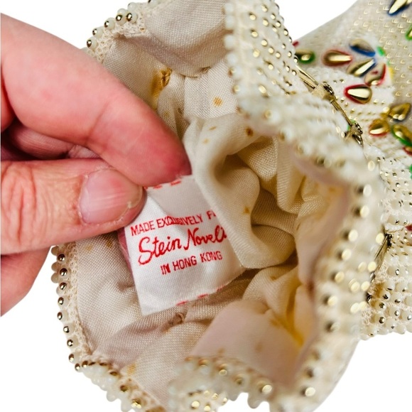 Vintage beaded & bejewelled evening bag, metal retractable closure, chain straps - Picture 9 of 13